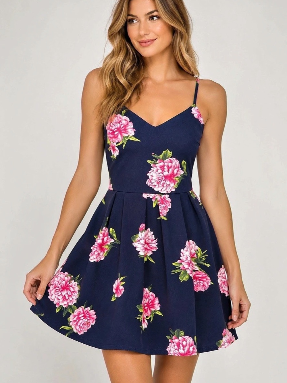 Monteau Los Angeles Navy Pink Floral Fit & Flare Dress Size Small